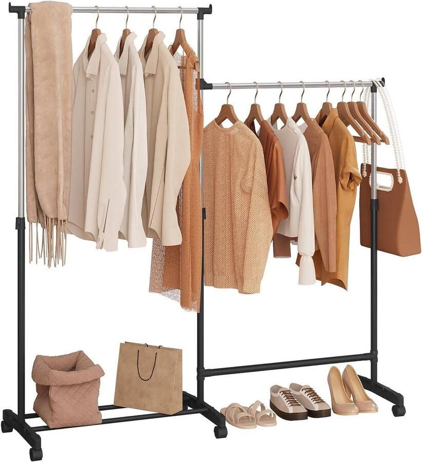 Dripio Kledingrek met Wielen & Schoenenrek In Hoogte Verstelbaar 2 Kledingrails L-vorm of Recht Opbergrek voor Kleding & Schoenen Voor Woonkamer Slaapkamer of Hal 161x155x41 cm