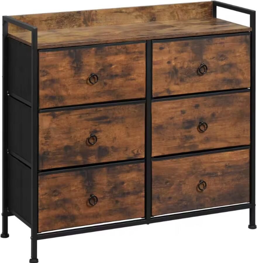 Dripio Ladekast met 6 Lades Opbergkast met Houten Top & Metaal Frame Voor Slaapkamer Hal of Woonkamer Vintage Bruin Met Zijbord & Verstelbare Voetjes 80x29x78 cm