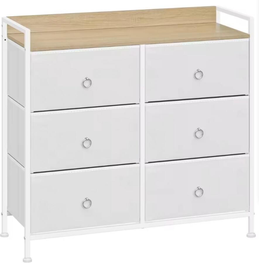 Dripio Ladekast met 6 Lades Opbergkast met Houten Top & Metaal Frame Voor Slaapkamer Hal of Woonkamer Wit Met Zijbord & Verstelbare Voetjes 80x29x78 cm