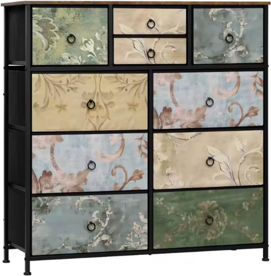 Dripio Ladekast met 8 Stoffen Lades Metalen Frame & Houten Top Bloemenmotief Voor Slaapkamer Woonkamer of Hal Zijplank & Verstelbare Voetjes Stabiel & Ruimtebesparend 100x100x30 cm