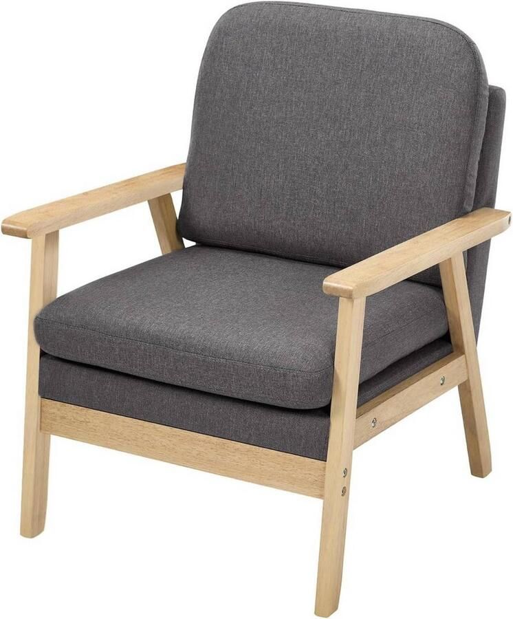 Dripio Linnen Lounge Stoel Fauteuil met Dikke Kussens & Massief Houten Frame Scandinavisch Design Leesstoel voor Woonkamer Slaapkamer of Balkon Donkergrijs 64x81 5x66 5 cm