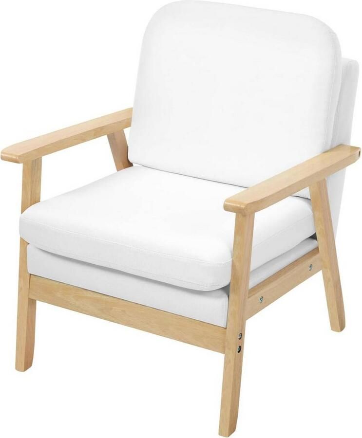 Dripio Linnen Lounge Stoel Fauteuil met Dikke Kussens & Massief Houten Frame Scandinavisch Design Leesstoel voor Woonkamer Slaapkamer of Balkon Crèmewit 64x81 5x66 5 cm