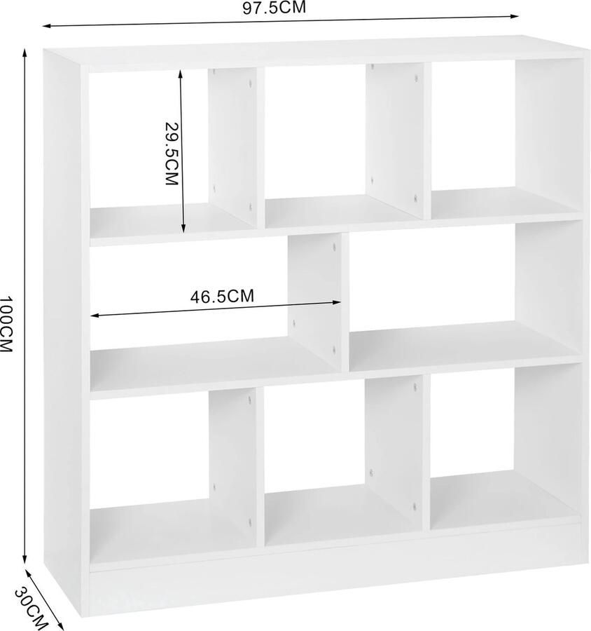 Dripio Open Boekenkast 8 Vakken Wit Boekenrek Hout 97.5x30x100cm