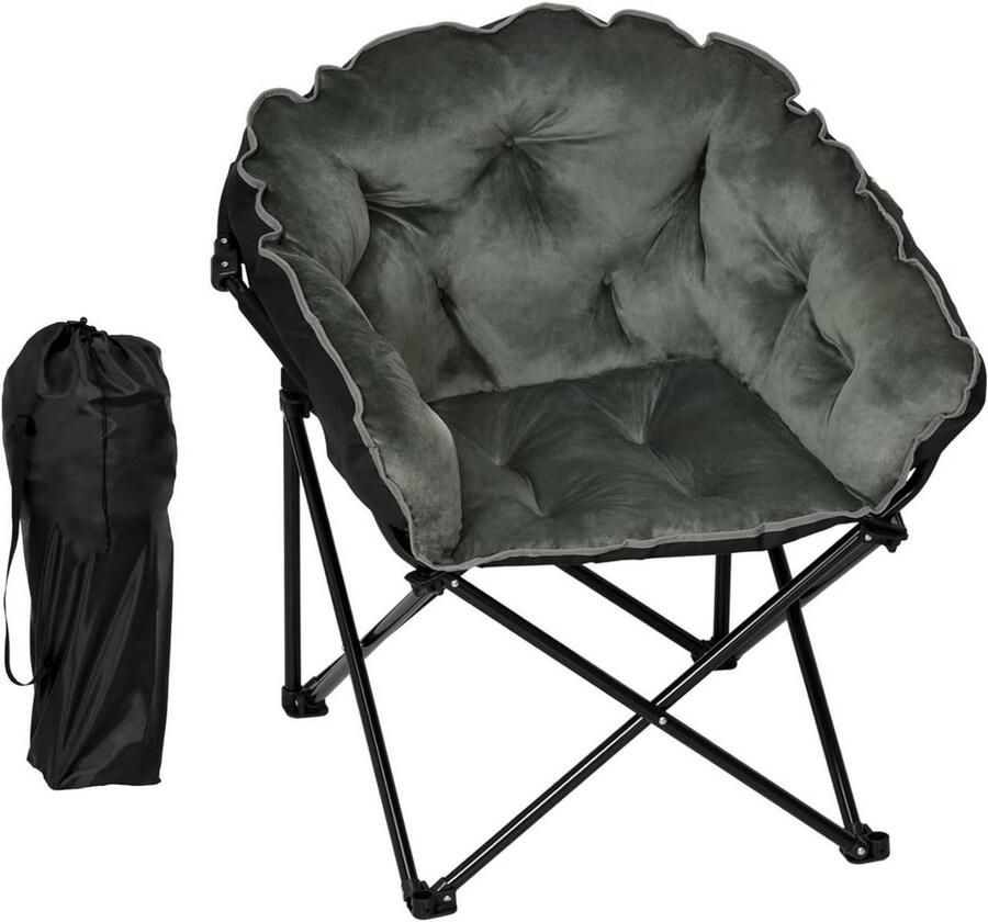Dripio Opvouwbare Relaxstoel Fluweel & Oxford Stof XXL Fauteuil met Draagtas Leesstoel voor Woonkamer Balkon of Camping Metalen Frame Zwart & Donkergrijs 91x96x71 cm