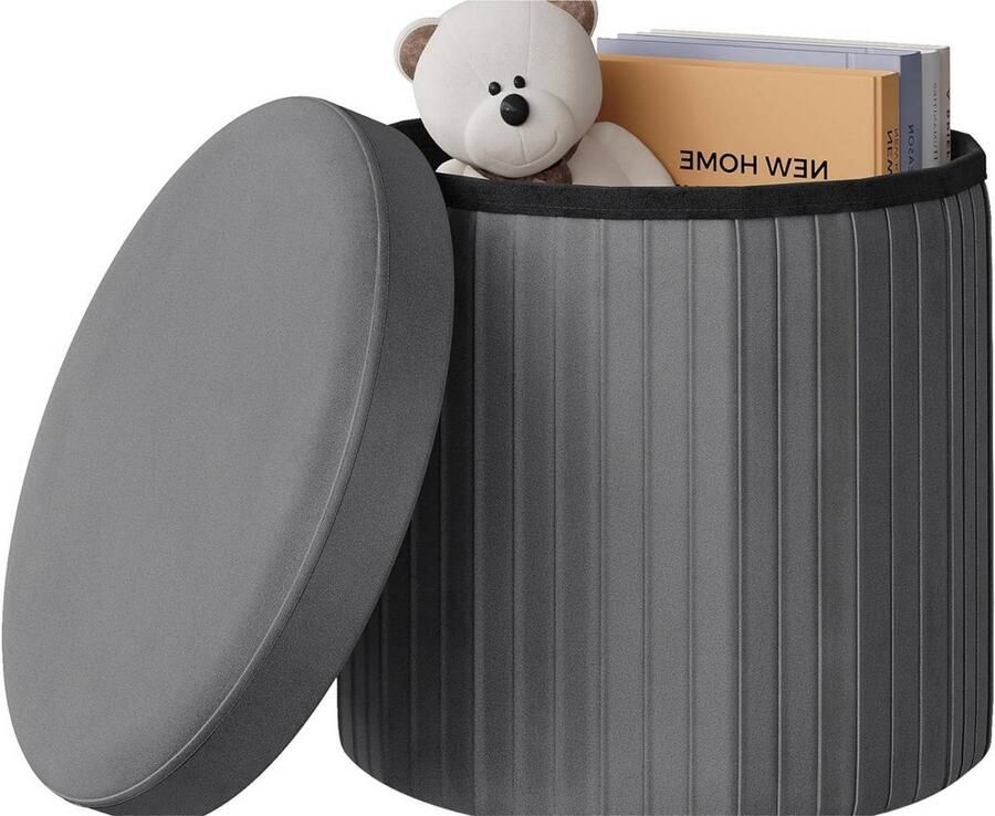 Dripio Ronde Opbergkruk met Deksel Fluwelen Poef met Opbergruimte Opvouwbaar Voor Woonkamer Slaapkamer of Hal Voetenbank of Bijzettafel Grijs 38x76x38 cm