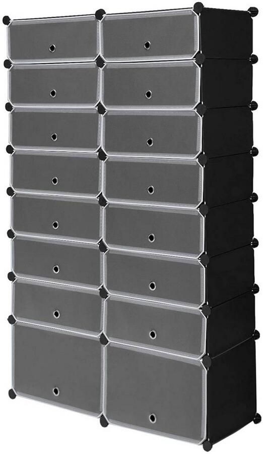 Dripio Schoenenkast 16 Kubus Schoenenrek met Deur Modulaire Schoenenopslag Kunststof Opbergkast Flexibel Schoenenmeubel Voor Hal Slaapkamer of Woonkamer Zwart 94x160x35 cm