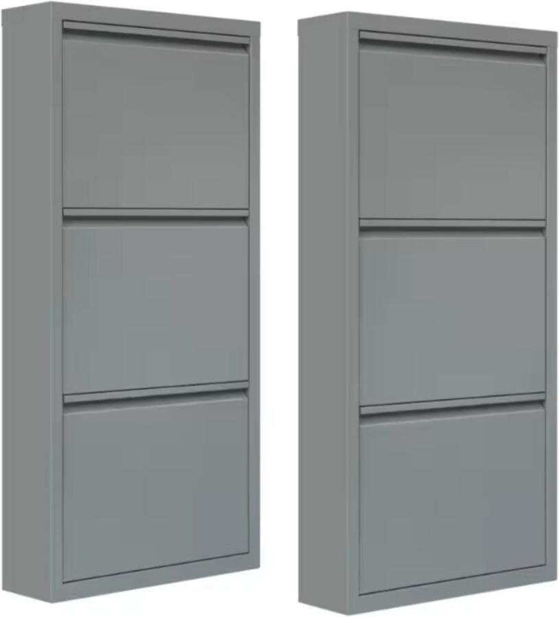 Dripio Schoenenkast 2-delige Set Met 3 Flappen per Kast Smal Metalen Schoenenrek Voor 9 Paar Schoenen Voor Hal Woonkamer of Slaapkamer Vooraf Gemonteerd 50x106x15 cm Grijs