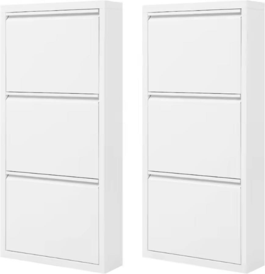 Dripio Schoenenkast 2-delige Set Met 3 Flappen per Kast Smal Metalen Schoenenrek Voor 9 Paar Schoenen Voor Hal Woonkamer of Slaapkamer Vooraf Gemonteerd 50x106x15 cm Wit