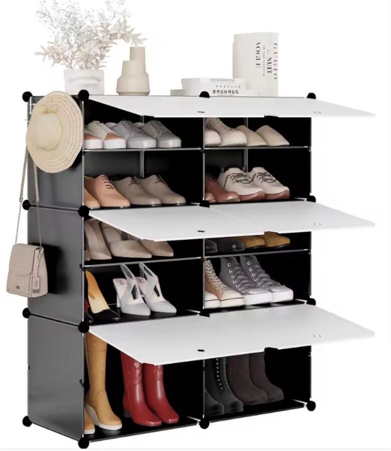 Dripio Schoenenkast met 6 Compartimenten Modulaire Schoenenopbergdoos Plastic Schoenenrek met Deuren Voor Hal Woonkamer of Slaapkamer DIY Schoenenorganizer Zwart Wit 45x35x35 cm per Vak