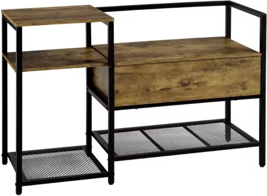 Dripio Schoenenkast met Bank 107x66x37 cm Rustiek Bruin & Zwart Schoenenrek met Scharnierend Deksel Opbergbank voor Hal Gang of Woonkamer Met Verborgen Compartiment Metaal & MDF