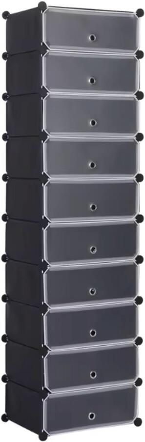 Dripio Schoenenrek 10 Planken Modulair Schoenenkast DIY Schoenenopslag Zwart 47x35x170 cm Kunststof met Deuren Schoenenorganizer Voor Woonkamer Badkamer of Slaapkamer Eenvoudig te Monteren