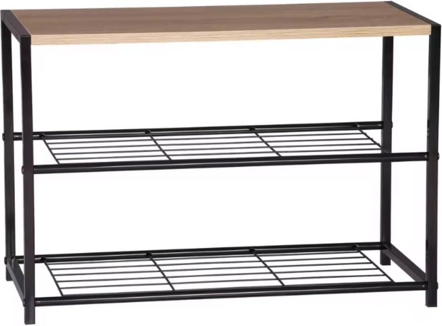 Dripio Schoenenrek 2 Lagen Opbergkast voor 6 Paar Schoenen MDF & Staal Schoenenbank met Opbergruimte Voor Hal Badkamer of Entree Ruimtebesparend 63x30x42 cm Zwart & Houtlook