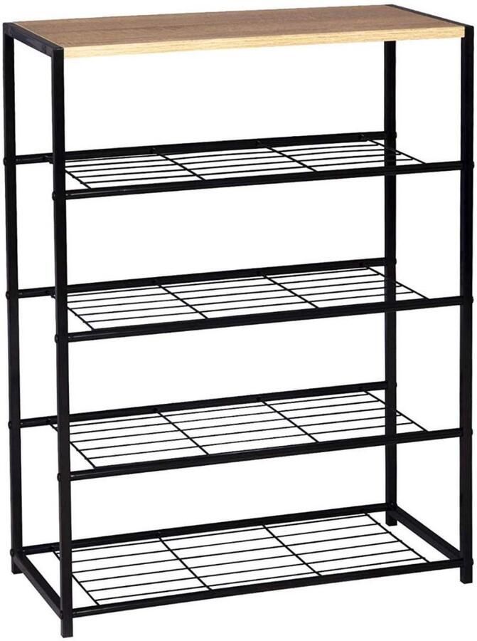 Dripio Schoenenrek met Zitting 4-Laags Schoenenbank Metalen Frame Houten Zitting Stofdicht & Ruimtebesparend Schoenenopbergkast voor Hal Entree of Slaapkamer 63x30x87 cm Zwart Wood