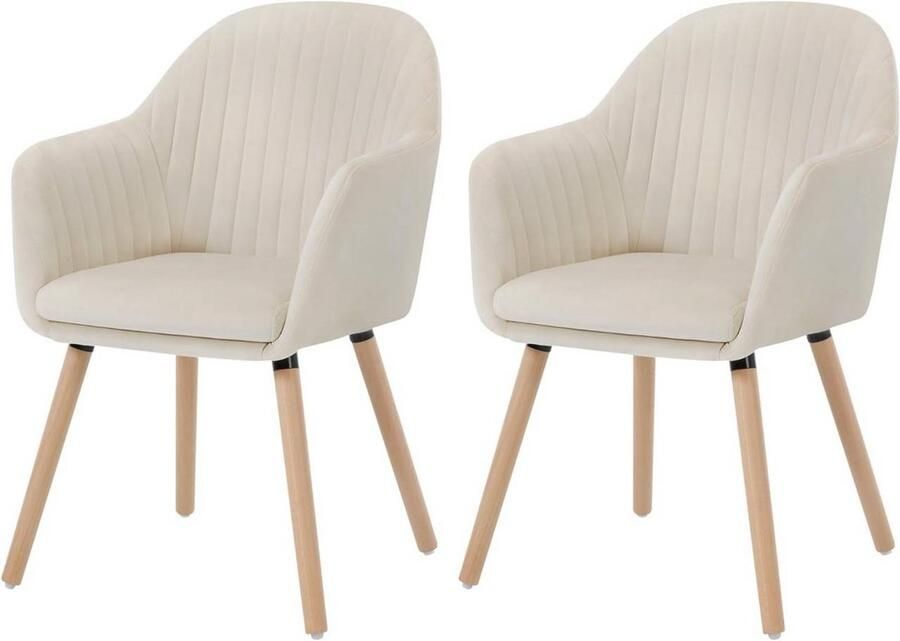 Dripio Set van 2 Eetkamerstoelen Fluweel Gestoffeerd met Armleuningen Ergonomisch Design Stabiel Houten Frame Voor Eetkamer Keuken of Woonkamer Cremewit 50x42x81 cm