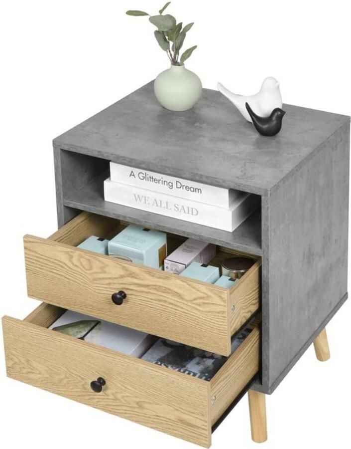 Dripio Set van 2 nachtkastjes compact & stevig grijs met licht hout functioneel en stijlvol ideaal voor slaapkamer 45x40x56 cm