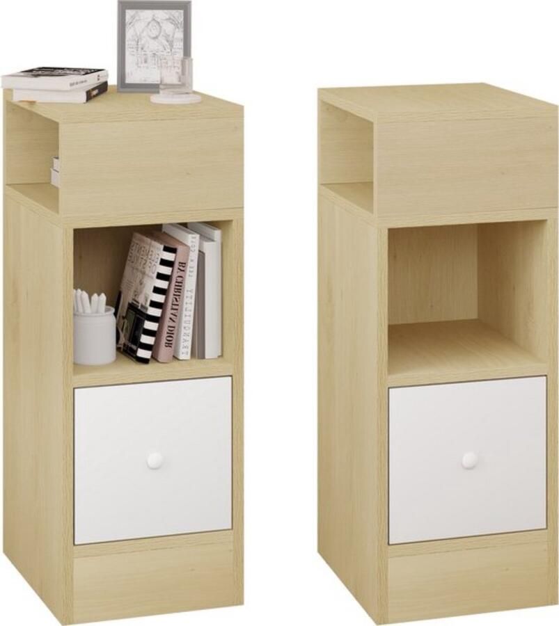 Dripio Set van 2 nachtkastjes wit & eiken modern en ruimtebesparend stevige constructie stijlvol & functioneel 25x30x66 cm