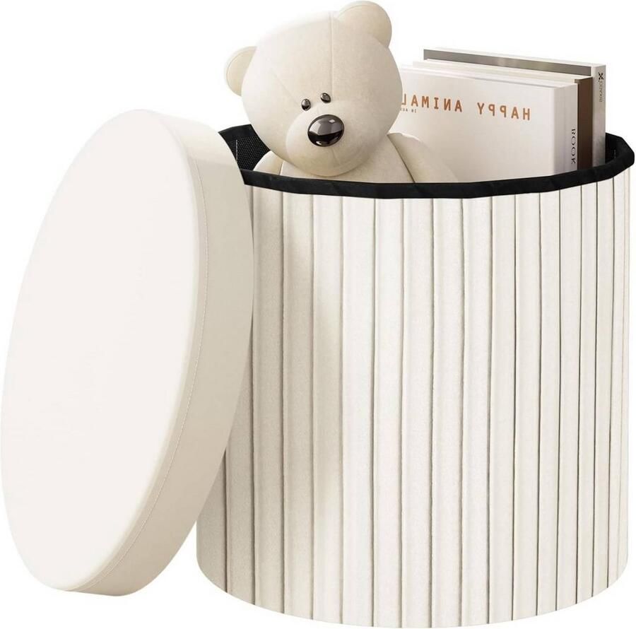Dripio Velvet Opvouwbare Opbergkruk Ronde Ottomaanse met Deksel Voetenbank met Opbergruimte Fluweel & MDF Voor Woonkamer Slaapkamer of Hal Lichtgrijs