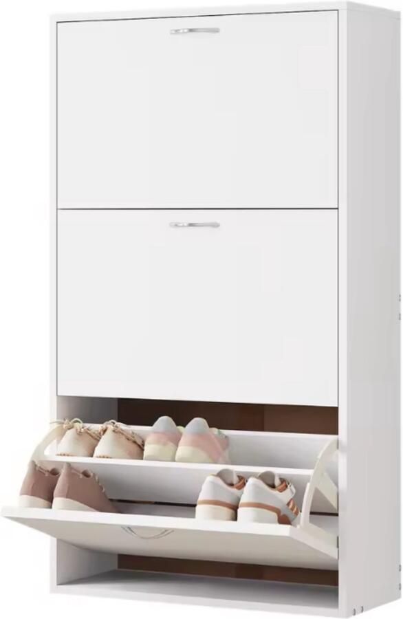 Dripio Witte Schoenenkast Smal Schoenenrek met 3 Opvouwbare Laden Hoge Schoenenorganizer Voor Hal Entryway of Slaapkamer Ruimtebesparend E1 Hout 58x104x23 cm Voor 12-18 Paar Schoenen