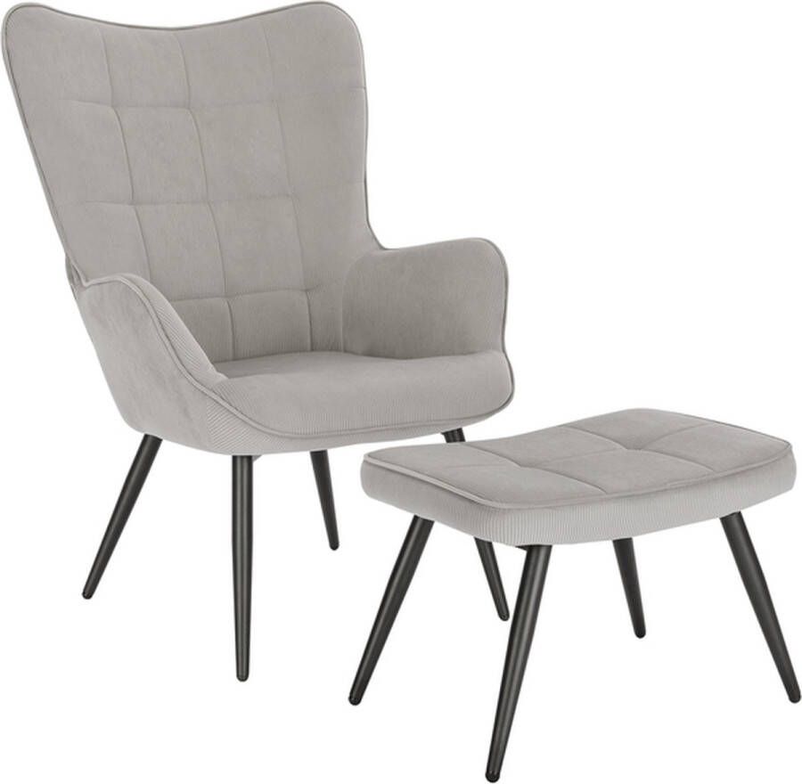 Dripio Fauteuil met hocker Dario Armleuning Voetenbank Woonkamer stoel Corduroy Lichtgrijs