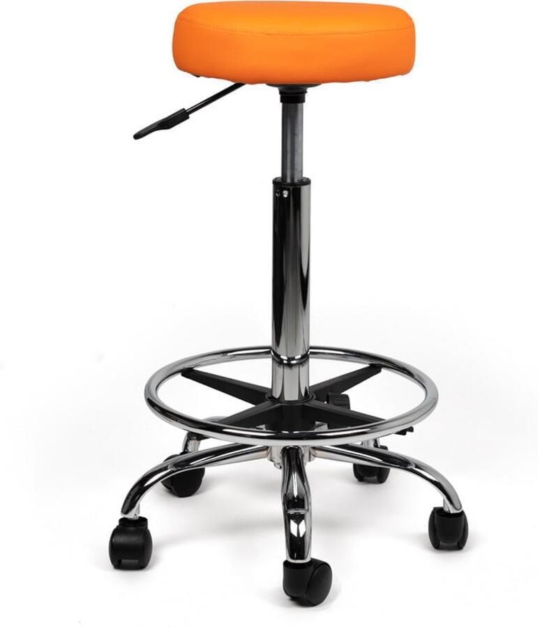 D'Romerio Ergonomische Tabouret met Verstelbare Hoogte – Zithoogte 70 84cm Comfortabele Werkkruk met Wieltjes – 360° Draaibaar – Oranje – Ideaal voor Salon Praktijk & Thuisgebruik Met voetsteun