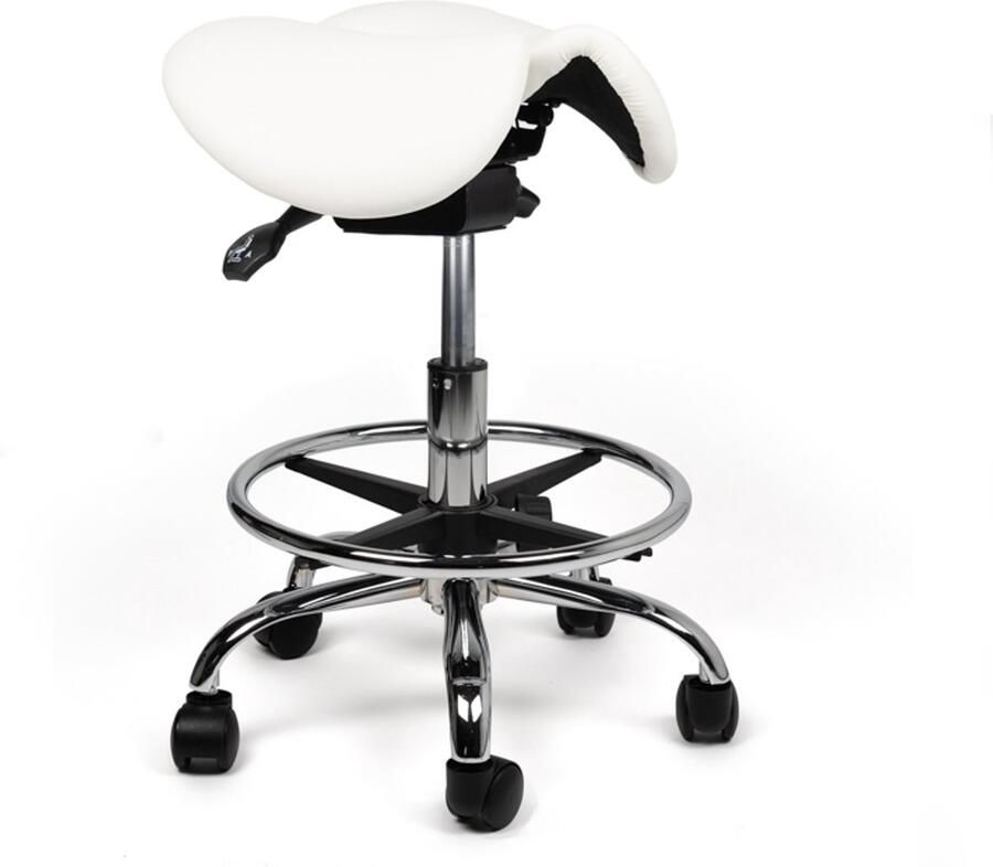 D'Romerio Kantelbare Zadelkruk Wit Zithoogte 40-56cm – met Voetsteun Ergonomische Werkkruk met Verstelbare Hoogte – Actieve Zit voor Bureau Thuiswerkplek en Salon – Voorkomt Rugklachten en Verbetert Houding