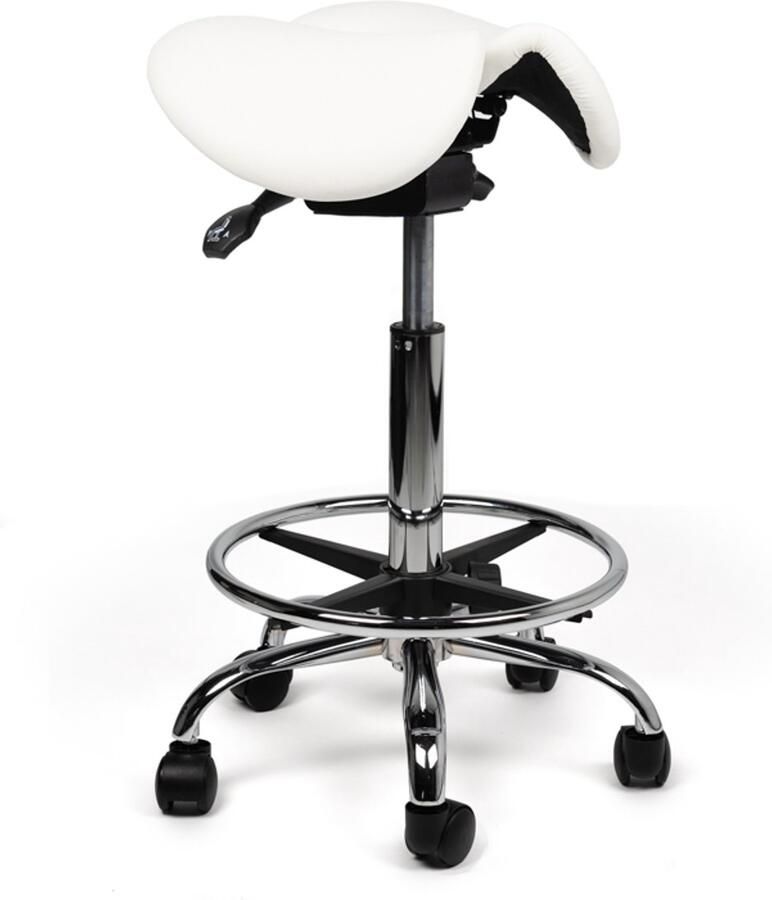 D'Romerio Kantelbare Zadelkruk Wit Zithoogte 50-68cm – met Voetsteun Ergonomische Werkkruk met Verstelbare Hoogte – Actieve Zit voor Bureau Thuiswerkplek en Salon – Voorkomt Rugklachten en Verbetert Houding