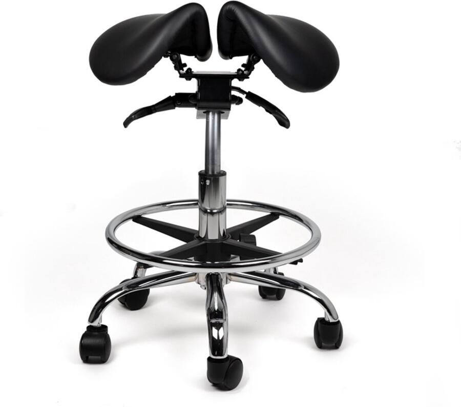 D'Romerio Kantelbare Zadelkruk Zwart Zithoogte 40-56cm – met Voetsteun Ergonomische Werkkruk met Verstelbare Hoogte – Actieve Zit voor Bureau Thuiswerkplek en Salon – Voorkomt Rugklachten en Verbetert Houding