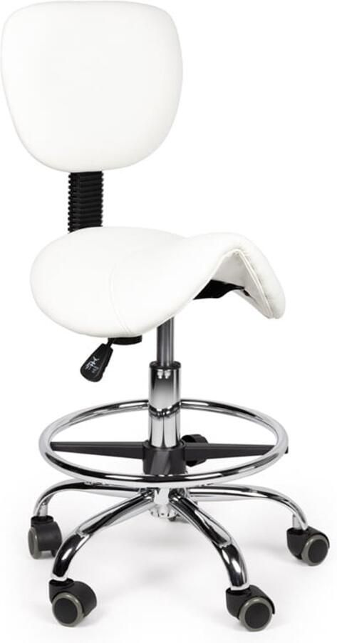 Zadelkruk Nederland Zadelkruk Rugleuning Laag Wit met Voetring Zithoogte 40 58cm kruk op wielen krukje werkkruk zadelkruk bureaukruk kapperskruk verstelbaar draaikruk tabouret zadelkruk met rugleuning tot 160kg