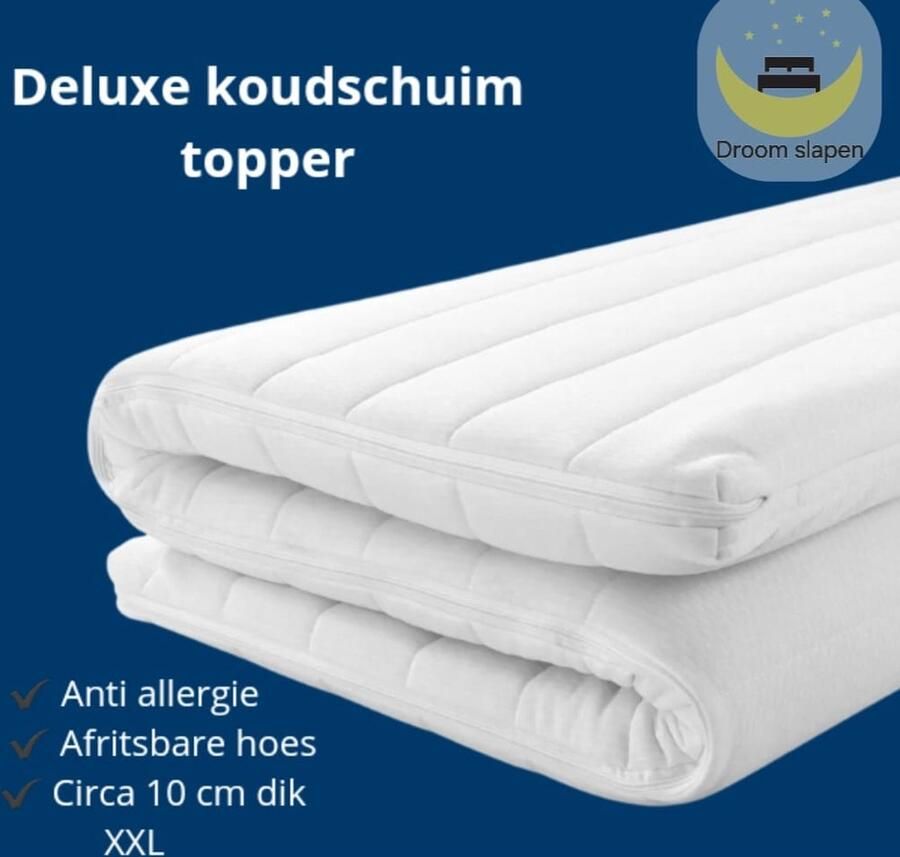 Droom slapen 180x210 topper XXL Koudschuim topdekmatras circa 10 cm dik Anti allergie Hotelkwaliteit afritsbare hoes Medium hard Deluxe bamboo hoes Maat 180x210 10 cm