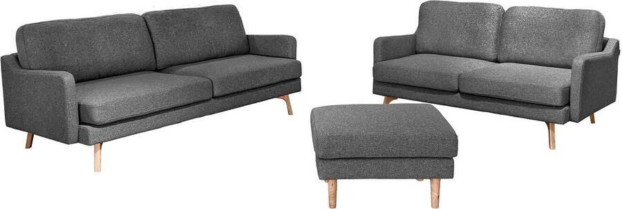 Drop Bankstel Argo set van 3 + 2 + ottoman kleur Donkergrijs- bank met 3 zitplaatsen + bank met 2 zitplaatsen + ottoman poef Textiel Houten poten Zithoogte 44 cm