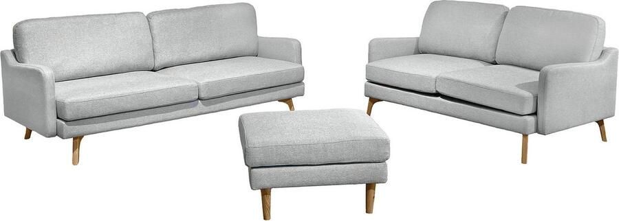 Drop Bankstel Argo set van 3 + 2 + ottoman kleur Lichtgrijs- bank met 3 zitplaatsen + bank met 2 zitplaatsen + ottoman poef Textiel Houten poten Zithoogte 44 cm