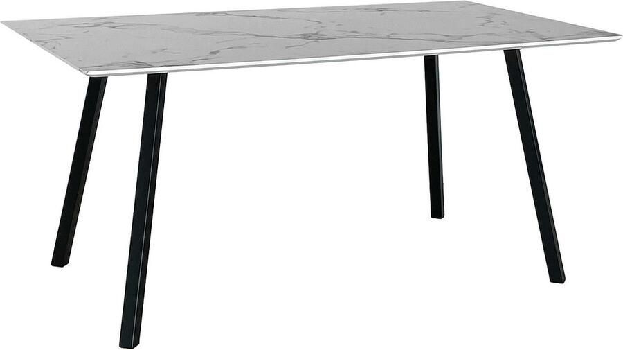 Drop Eetkamertafel Lily Glanzende Marmerlook tafel van 160 x 90 cm met zwarte metalen poten strak design