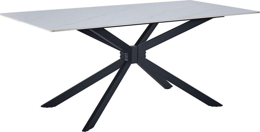 Drop Eetkamertafel Rory Glanzende Marmerlook stenen tafel van 180 x 90 cm met strak design zwarte metalen poten