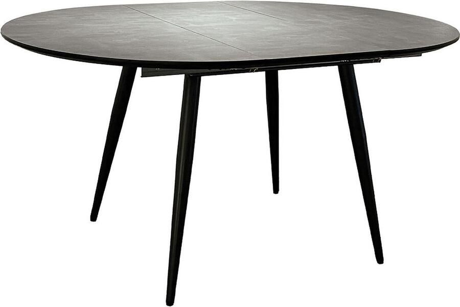Drop Ronde uitschuifbare Eetkamertafel Ruby rond 110 cm diameter x 77 cm hoog Uitgeschoven naar Ovaal 150 x 110 cm. Blad uit MDF met grijze betonlook slanke zwarte metalen poten