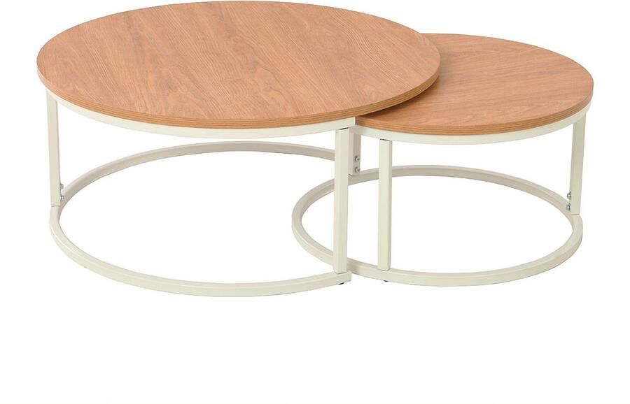 Drop Salontafel Bailey set van 2 melamine tafelblad 18mm met wit metalen onderstel 80 x 80 x 35 cm + 60 x 60 x 32 cm