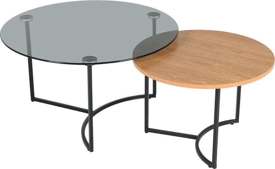 Drop Salontafel Ivory set van 2 smoked glas en melamine met zwart metalen onderstel 80 x 80 x 45 cm + 60 x 60 x 42 cm