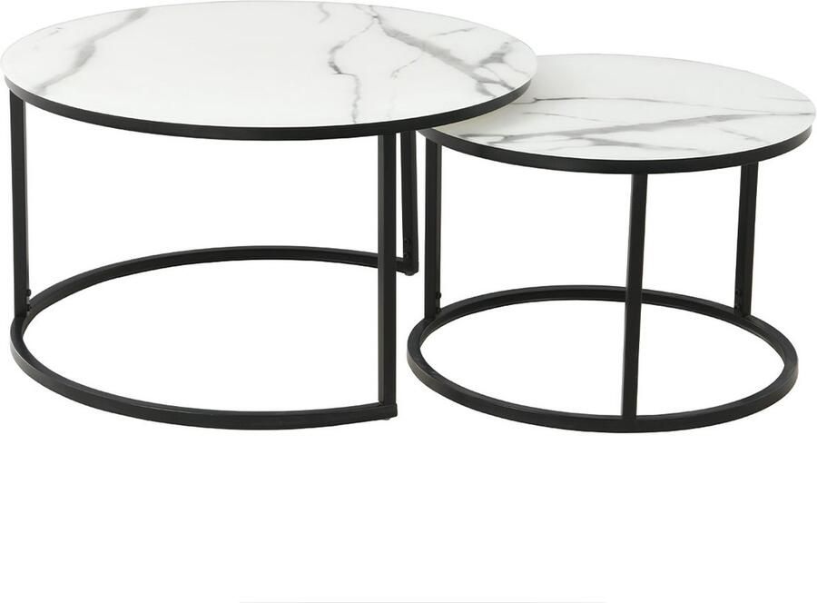 Drop Salontafel Presley set van 2 getemperd glas in witte marmerlook en zwart metalen onderstel 80 x 80 x 45 cm + 60 x 60 x 41 5 cm
