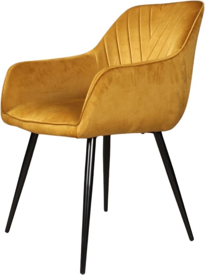DS4U Gaby Eetkamerstoel Velvet Goud Armstoel Velours Eetkamer Stoel Zwart Metalen Poten Rugleuning met Ruitpatroon Armleuning Kuipstoel Industrieel Design Fluweel