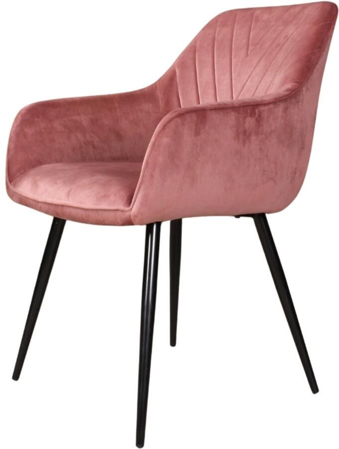 DS4U Gaby Armstoel Velvet Roze Stijlvolle en Trendy Eetkamerstoel Zachte Velvet Stof Roze Kleur Comfortabele Zitting Sierstiksels Stevige Zwarte Metalen Poten Combineerbaar met Andere Kleuren