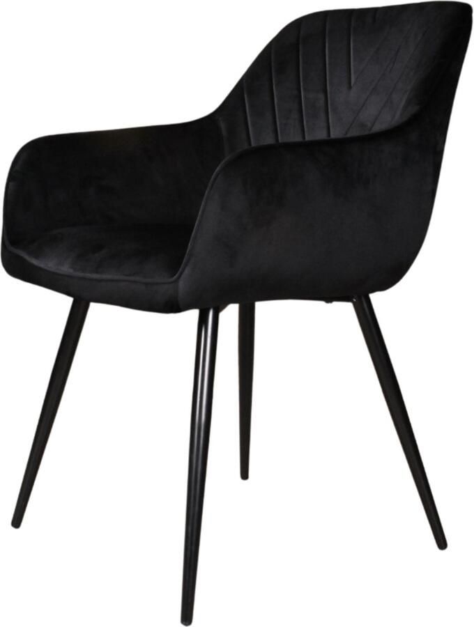DS4U Gaby Eetkamerstoel Velvet Zwart Armstoel Velours Eetkamer Stoel Zwart Metalen Poten Rugleuning met Ruitpatroon Armleuning Kuipstoel Industrieel Design Fluweel