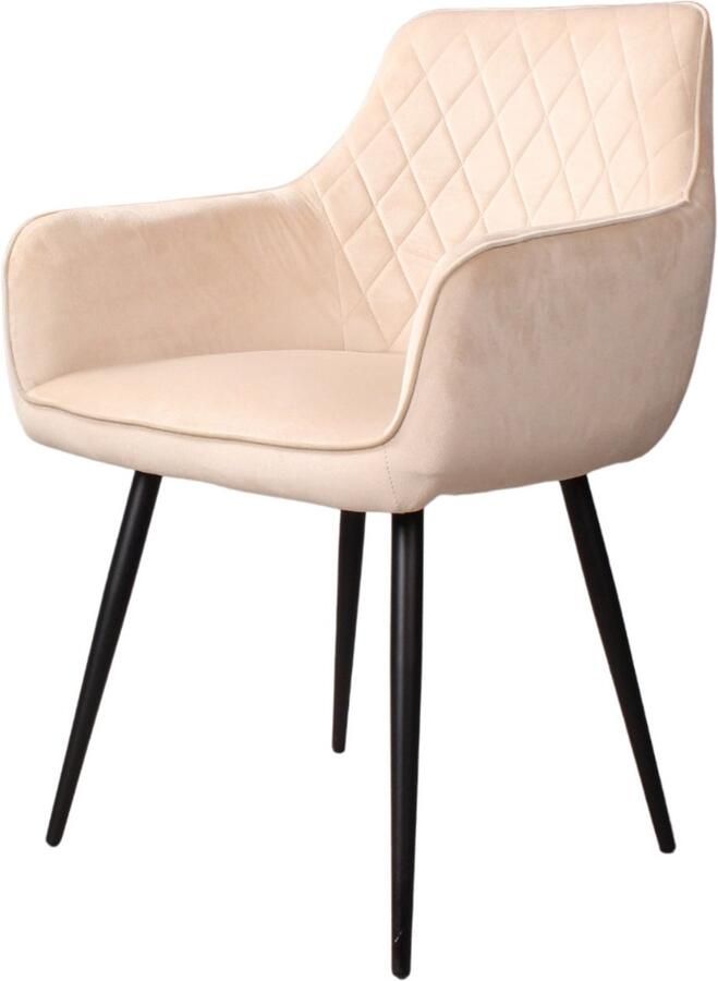 DS4U Ravi 3.0 Eetkamerstoel Velours Champagne Comfortabele zitting Zwart Metalen Poten Rugleuning met Ruitpatroon Met Armleuning Kuipstoel