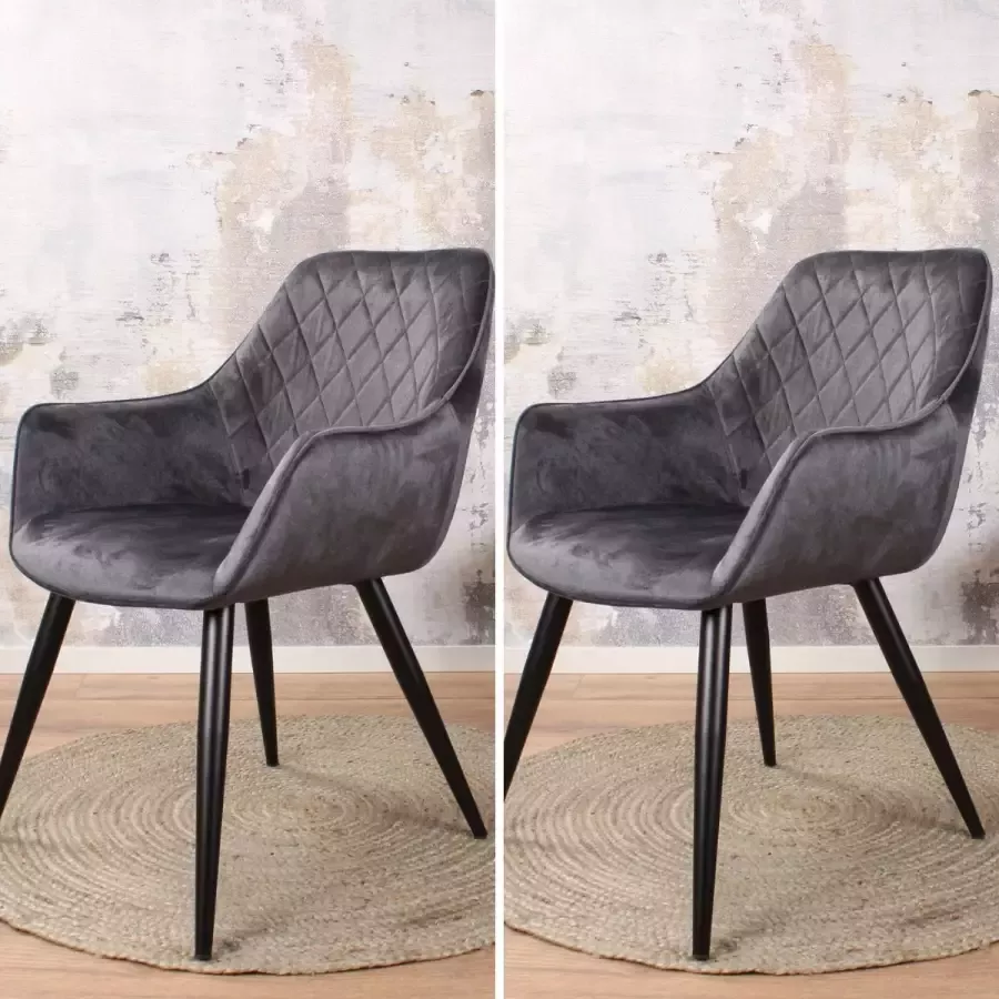 DS4U Eetkamerstoel Ravi vintage armstoel stoel velvet velours fluweel antraciet zwart metaal met armleuning set van 2