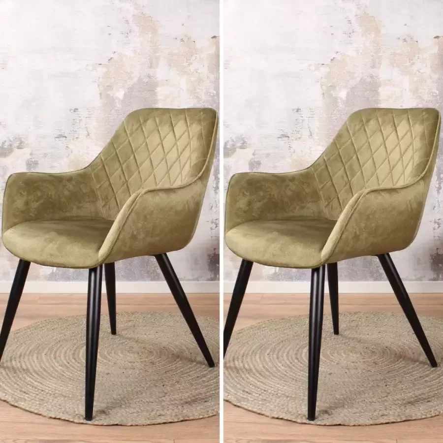 DS4U eetkamerstoel Ravi vintage armstoel stoel velvet velours fluweel groen zwart metaal met armleuning set van 2