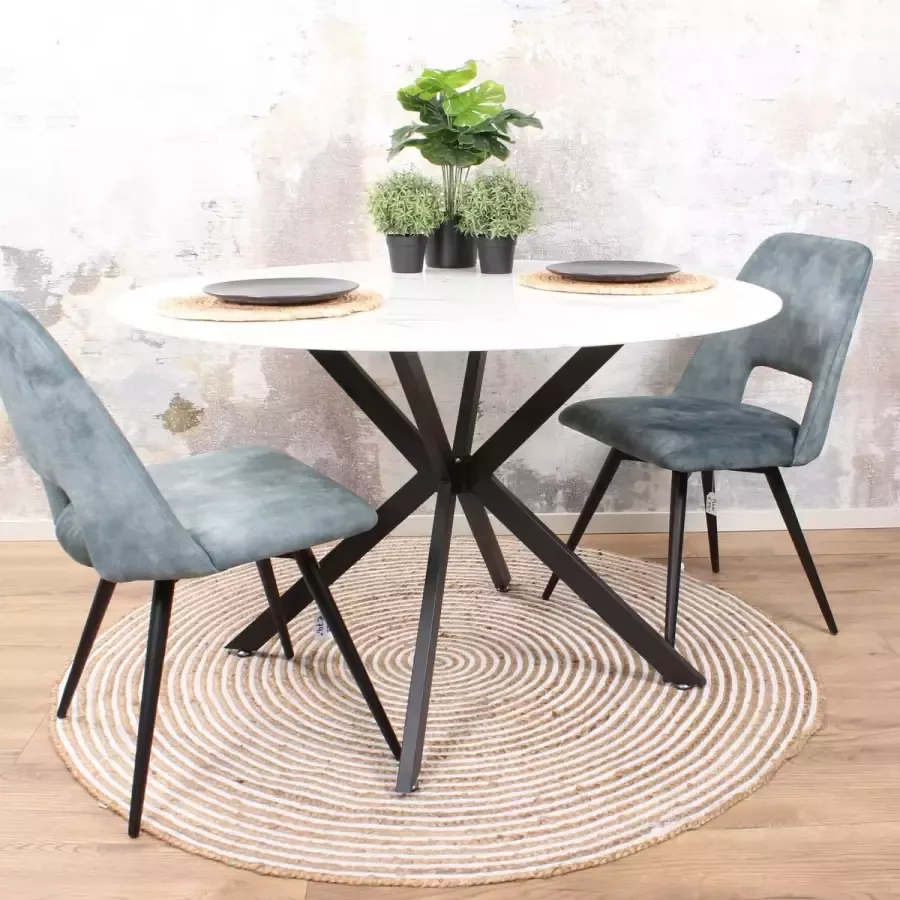 DS4U Eettafel Gino marmerlook marmer 120 cm wit tafelblad zwart metaal onderstel rond