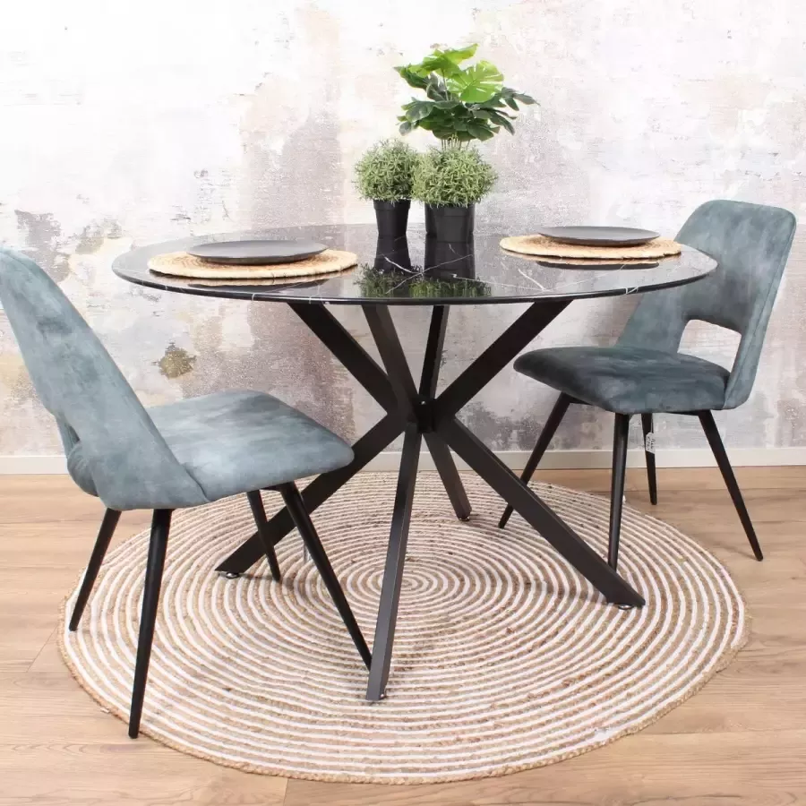 DS4U eettafel Gino marmerlook marmer 120 cm zwart tafelblad zwart metaal onderstel rond