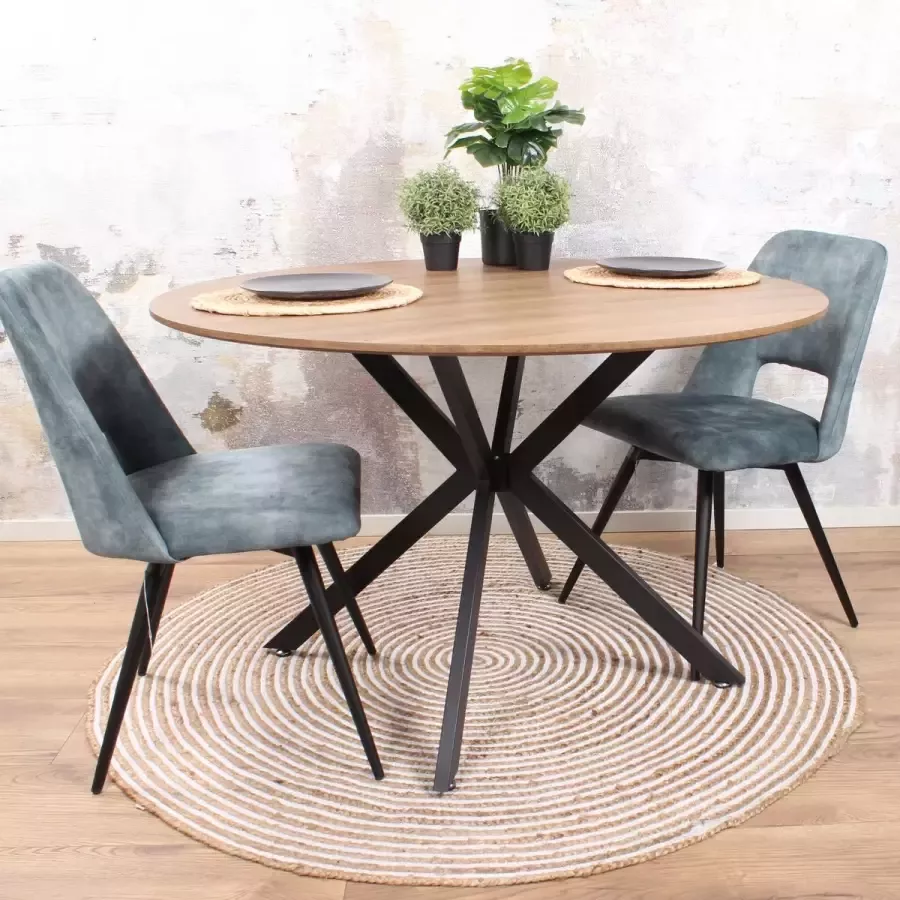 DS4U Eettafel Julio MDF hout eiken houtlook 120 cm bruin tafelblad zwart metaal onderstel rond