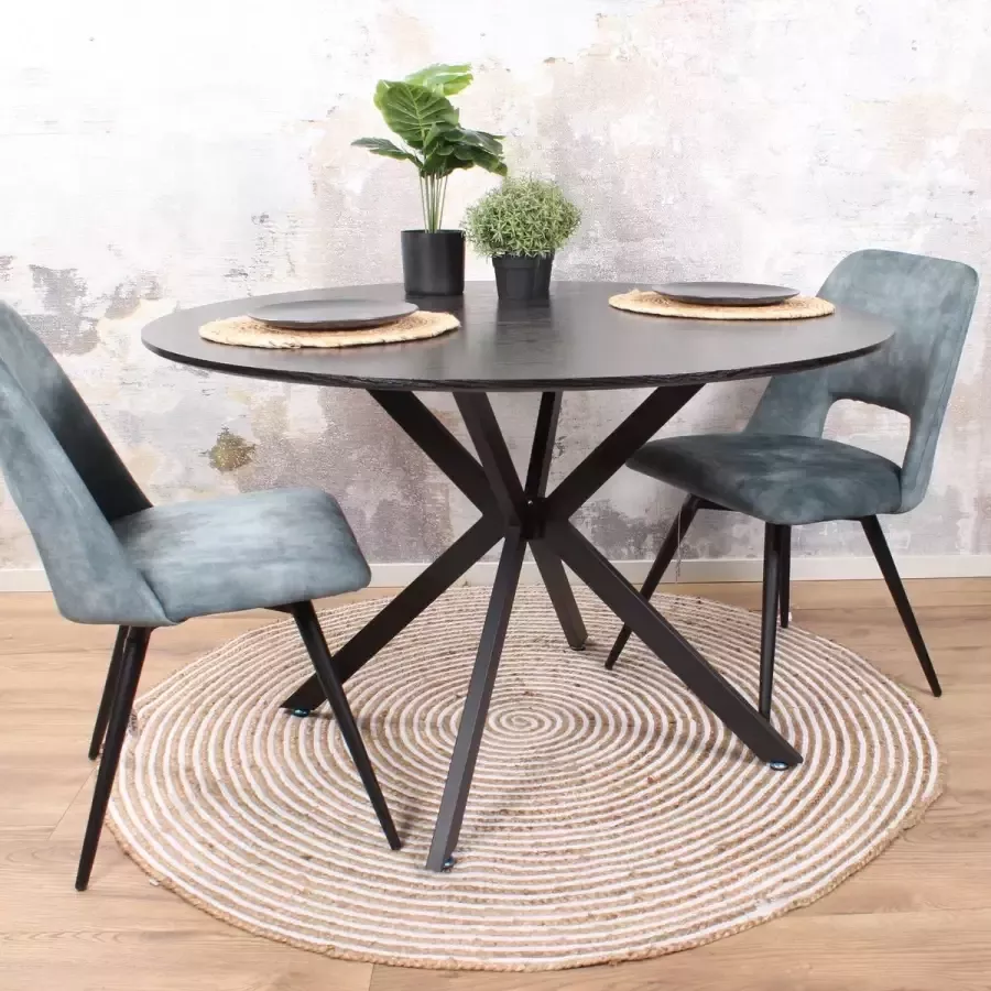 DS4U Eettafel Julio MDF hout houtlook 120 cm zwart tafelblad zwart metaal onderstel rond