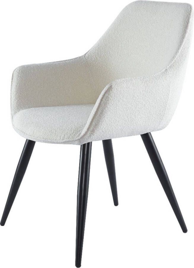 DS4U Ravi Eetkamerstoel 2.0 Bouclé Wit Chique en Comfortabel Prachtige Bouclé Stof Armleuningen voor Extra Comfort Stevig Zwart Metalen Onderstel Past Perfect in Scandinavisch Tijdloos en Modern Interieur Zachte en Luxueuze Uitstraling