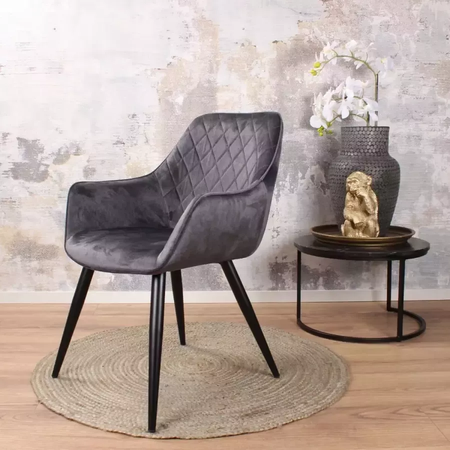 DS4U Ravi Vintage Eetkamerstoel Velvet Antraciet Armstoel Velours Eetkamer Stoel Zwart Metalen Poten Rugleuning met Ruitpatroon Armleuning Kuipstoel Industrieel Design Fluweel Donkergrijs Donker Grijs - Foto 2