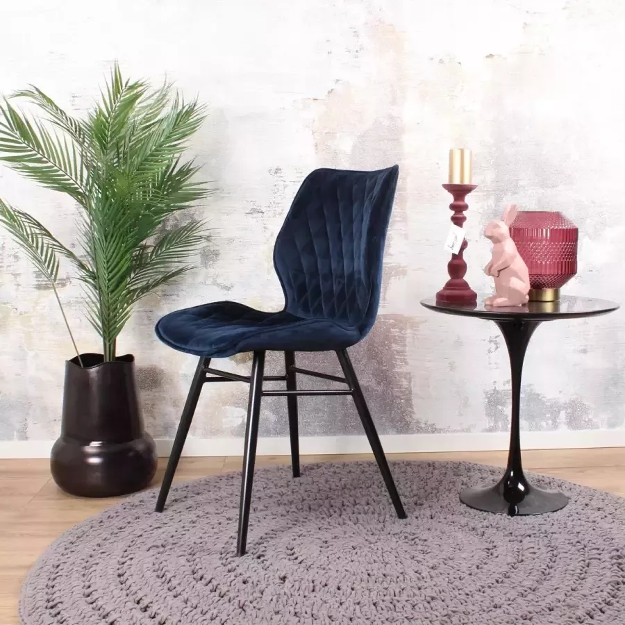 DS4U Ruby 2.0 Eetkamerstoel Velvet Blauw Velours Eetkamer Stoel Zwart Metalen Poten Comfortabel Industrieel Design Rugleuning en Zitvlak met Sierstiksels Stoer